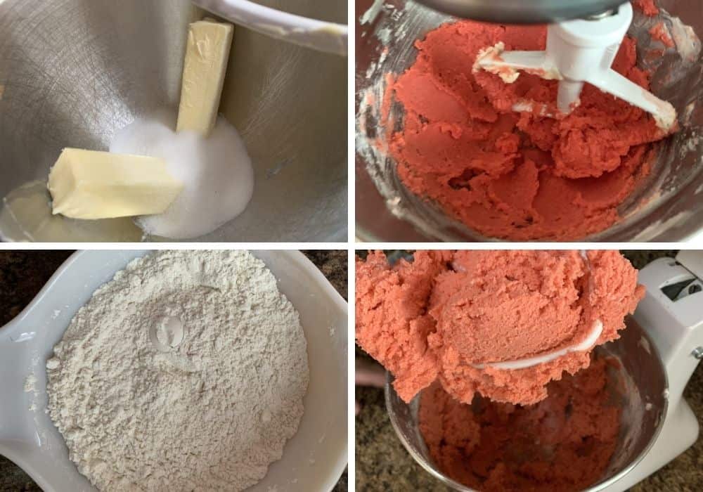 Collage image showing the steps of making the dough for strawberry sugar cookies.