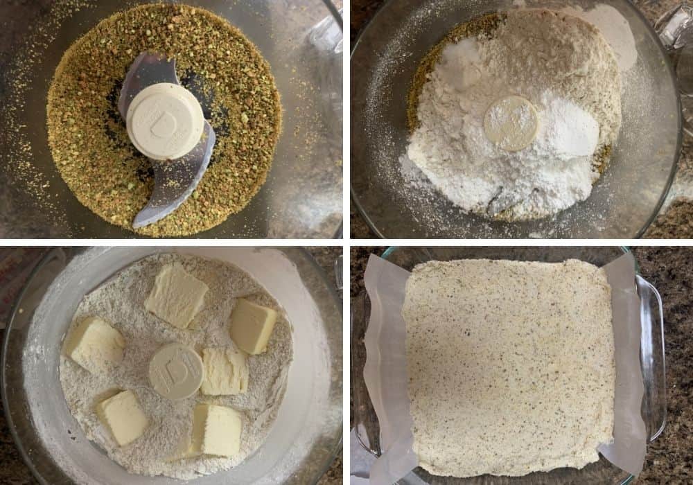 collage image showing the steps to processing the pistachios, sugar, flour, salt, butter into the dough for the crust of the lemon bars.