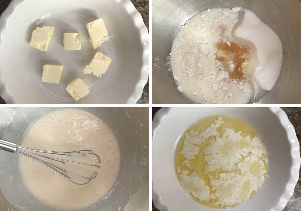 collage image showing the steps to melt the butter and mix the batter.