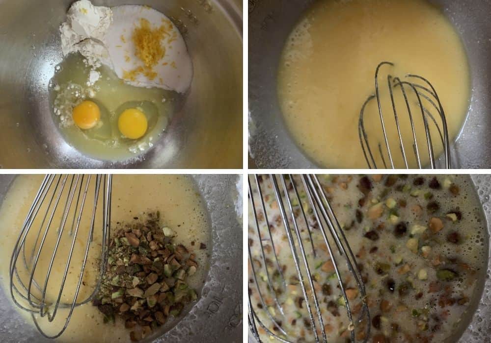 collage image showing four photos that demonstrate how to mix the filling, with eggs, sugar, flour, lemon zest, lemon juice, and chopped pistachios