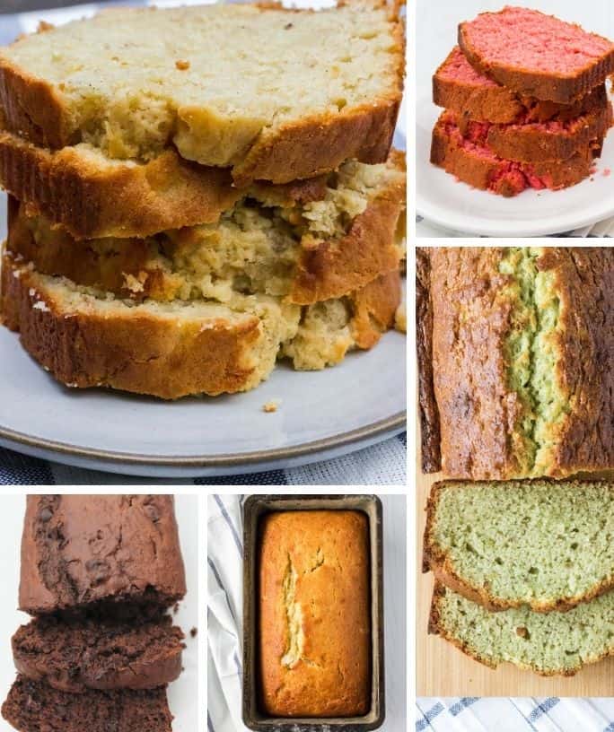 collage image showing different banana bread varieties