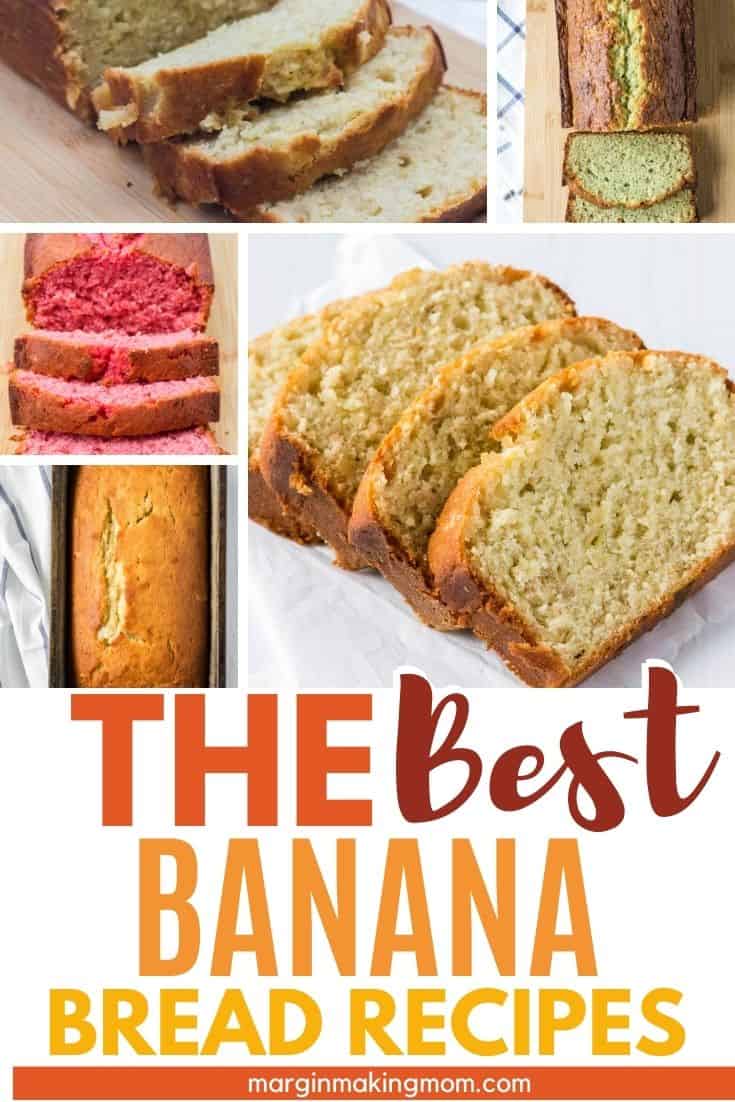 collage image with various photos of different types of banana bread