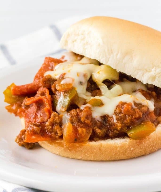 instant pot pizza sloppy joe sandwich on a white plate