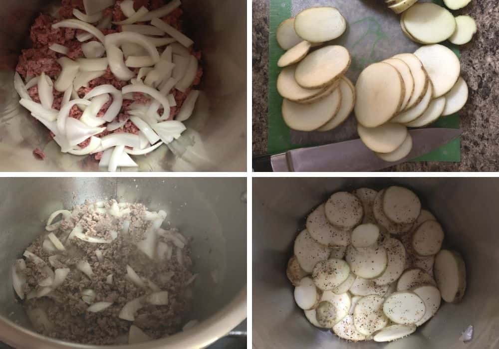 Collage image showing ground beef and onions being browned in the Instant Pot and layered with sliced russet potatoes, then sprinkled with seasoning.