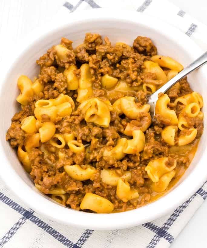 white bowl with a helping of Instant Pot Hamburger Helper (from a box)