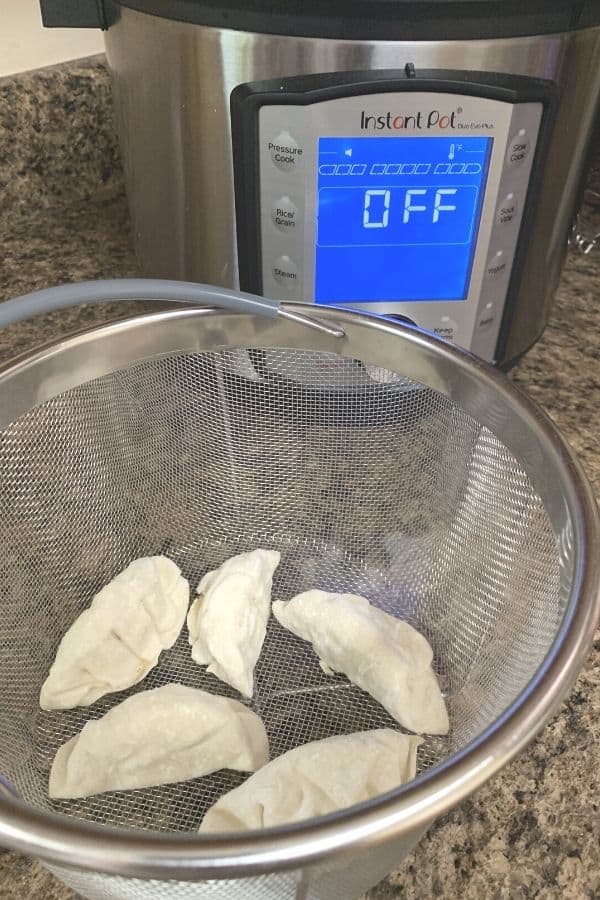 5 frozen Asian dumplings, or potstickers, in a steamer basket in front of an Instant Pot pressure cooker