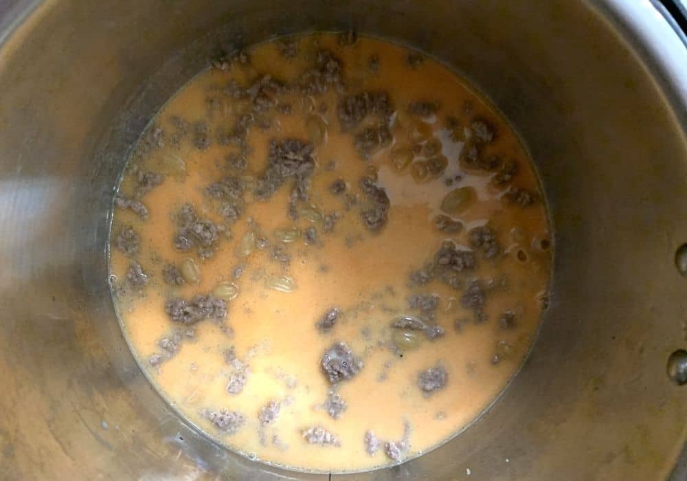 Ingredients for Hamburger Helper in the Instant Pot, stirred together and ready for pressure cooking.