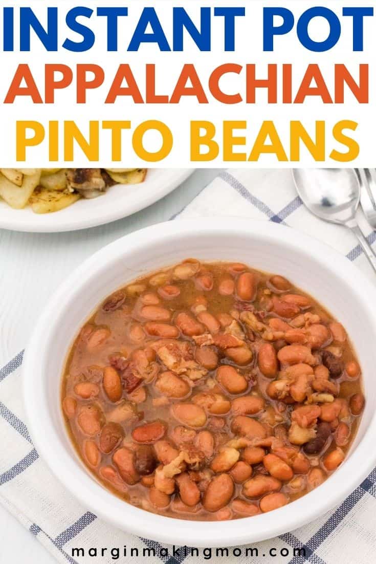 white bowl of Instant Pot pinto beans served alongside a plate of fried potatoes