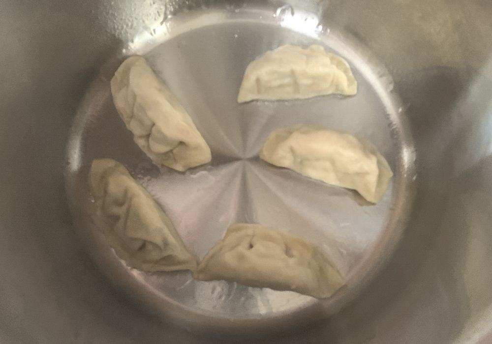 Frozen dumplings recently steamed in the Instant Pot are being browned in hot oil in the insert pot, using the Saute function.