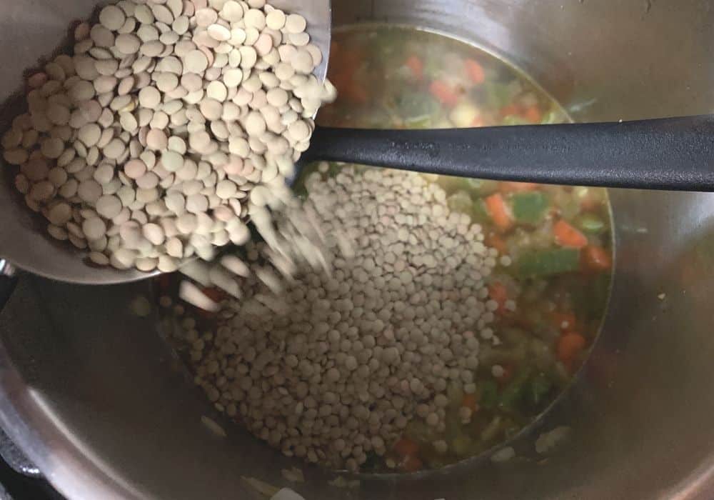 dried lentils being added to the insert pot of the Instant Pot