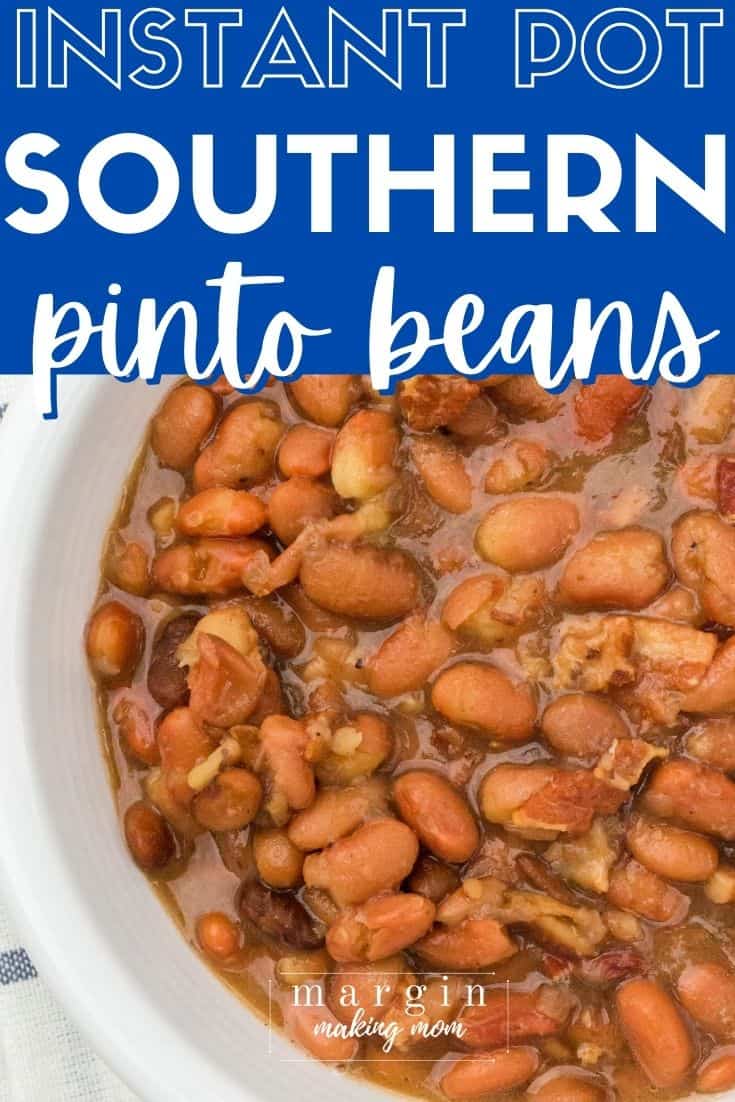 close-up overhead view of a white bowl filled with southern Instant Pot pinto beans (aka brown beans and ham)