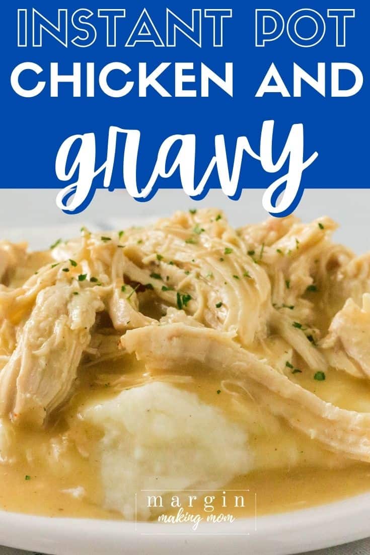 a bed of mashed potatoes on a white plate is smothered with shredded chicken and gravy cooked in the Instant Pot
