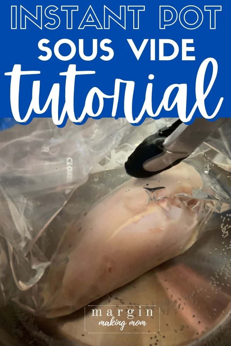 a pair of tongs lowers a bag of raw chicken into the water bath for instant pot sous vide cooking