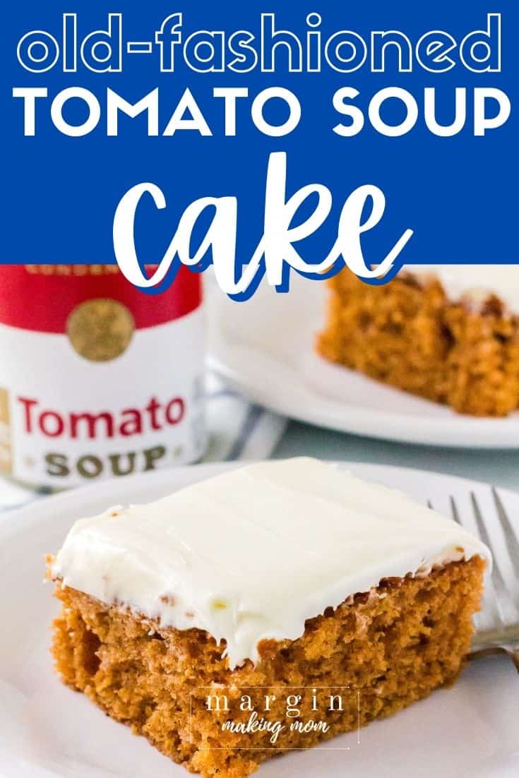 A slice of tomato soup sheet cake on a white plate, with a can of Campbell's tomato soup in the background