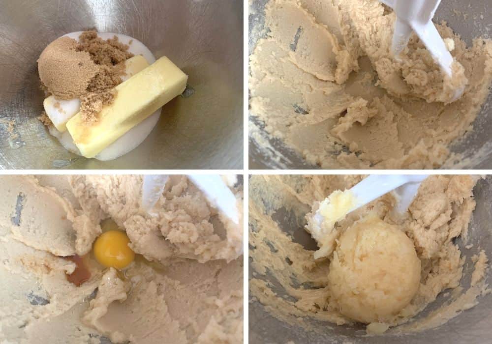 collage image featuring three photos showing the process of mixing the wet ingredients for the pineapple cookie dough