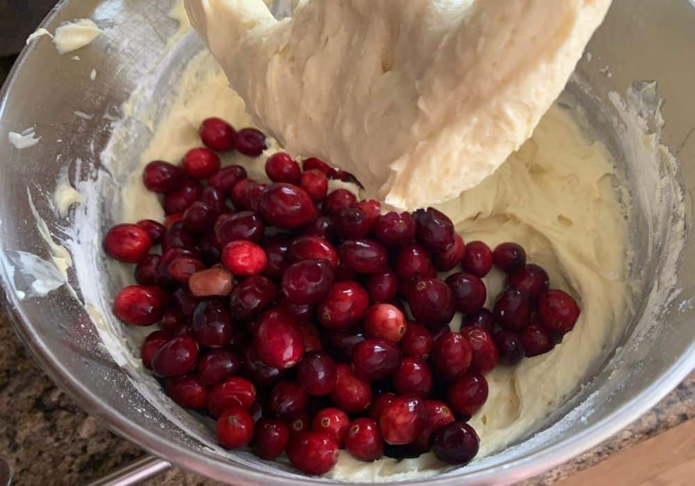 fresh cranberries added to the batter in the mixing bowl