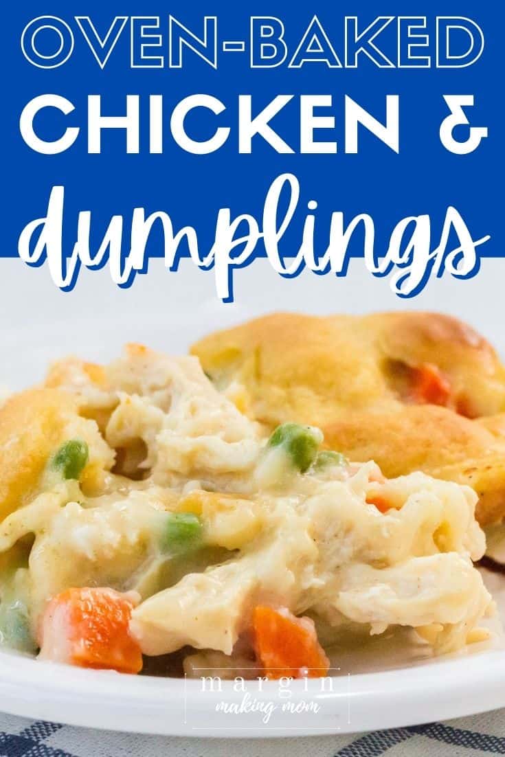 close-up view of a helping of baked chicken and dumplings casserole on a white plate