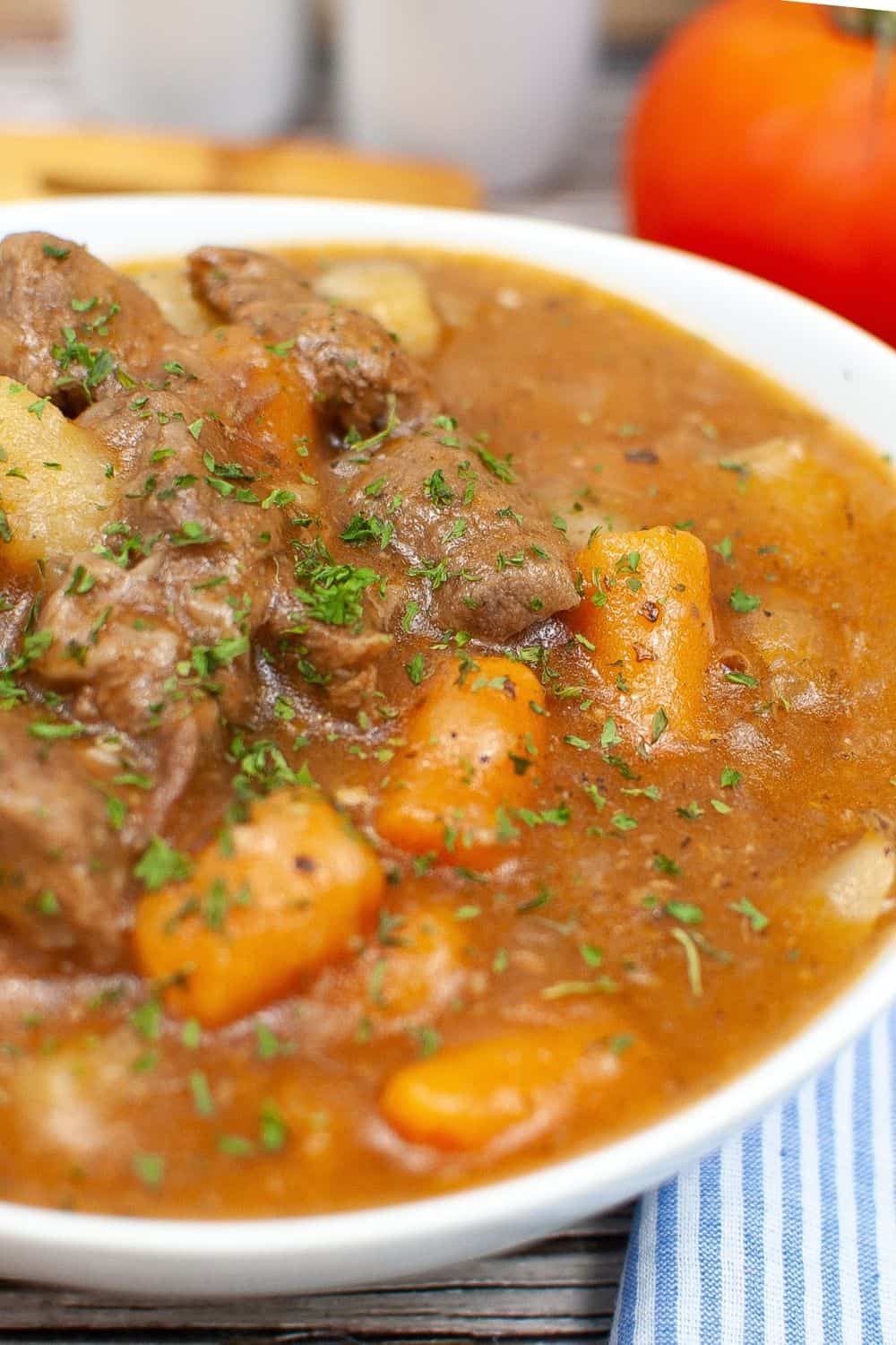 close-up view of Instant Pot beef stew in a white bowl