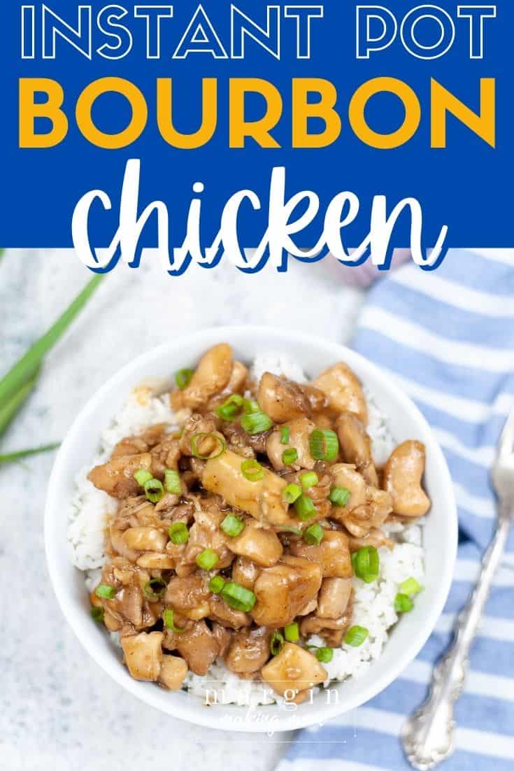 overhead view of Instant Pot bourbon chicken on a bed of rice in a white bowl