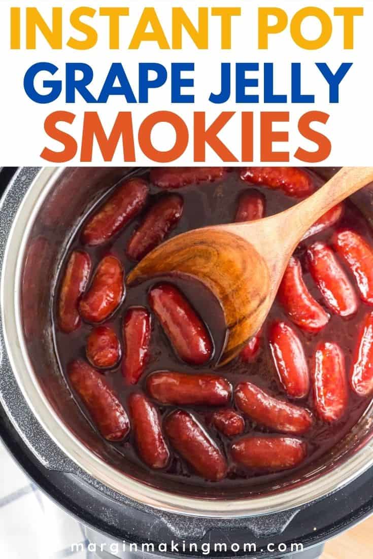 overhead view of Instant Pot little smokies in a BBQ and grape jelly sauce