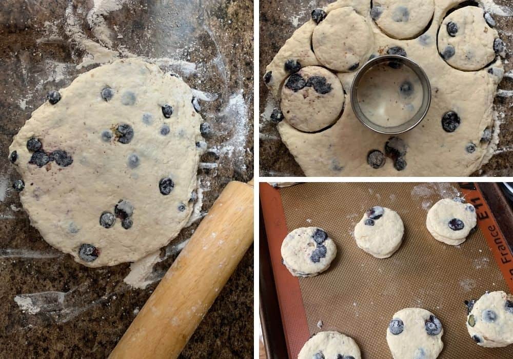 collage image showing three steps of making blueberry biscuits, including rolling out the dough, cutting it into rounds, and placing them on a lined baking sheet