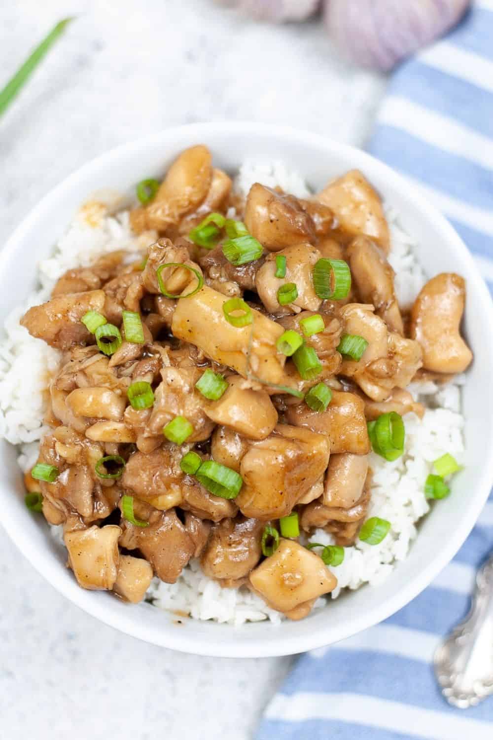 overhead view of a bowl of bourbon chicken and rice cooked in the Instant Pot, topped with sliced green onions.
