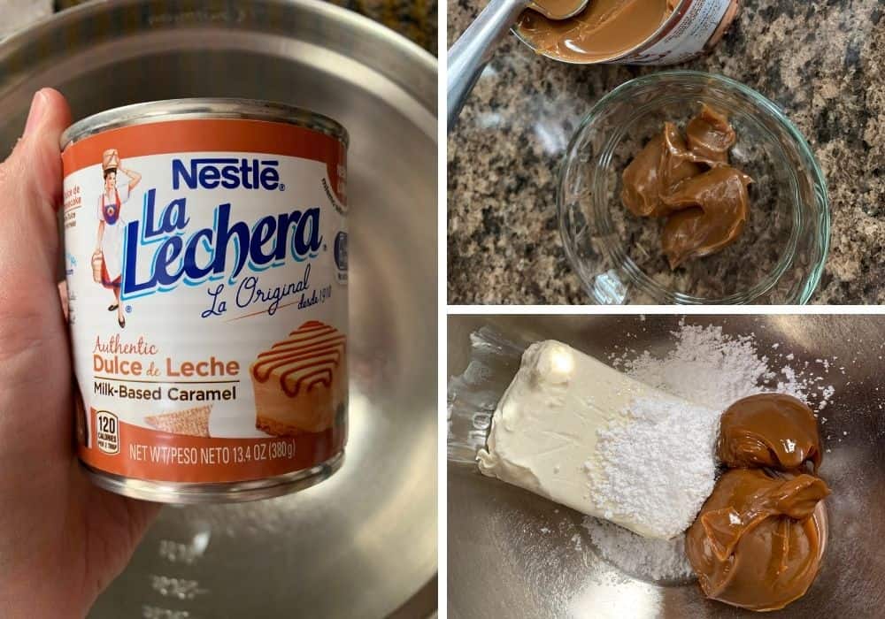 collage image showing a can of dulce de leche, some of the dulce de leche  reserved in a glass bowl, and the remaining dulce de leche in a mixing bowl with cream cheese and powdered sugar