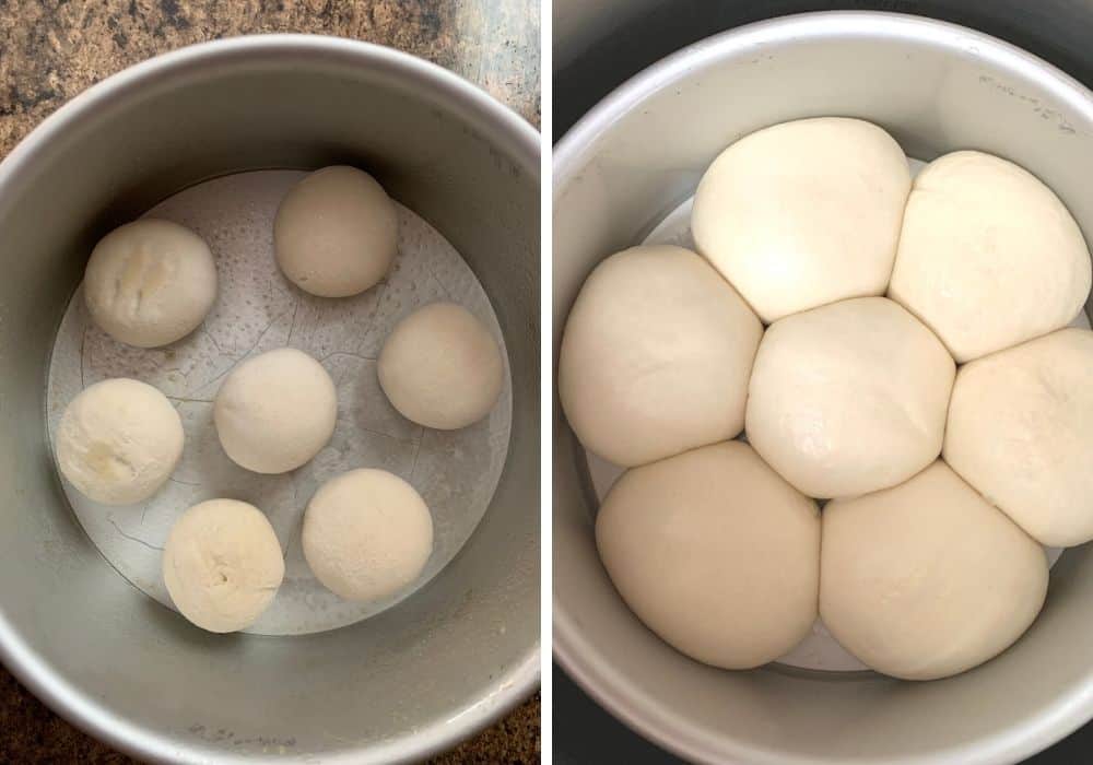 collage of Instant Pot speed thaw of Rhodes rolls, featuring a before and after image of the frozen rolls doubled in size