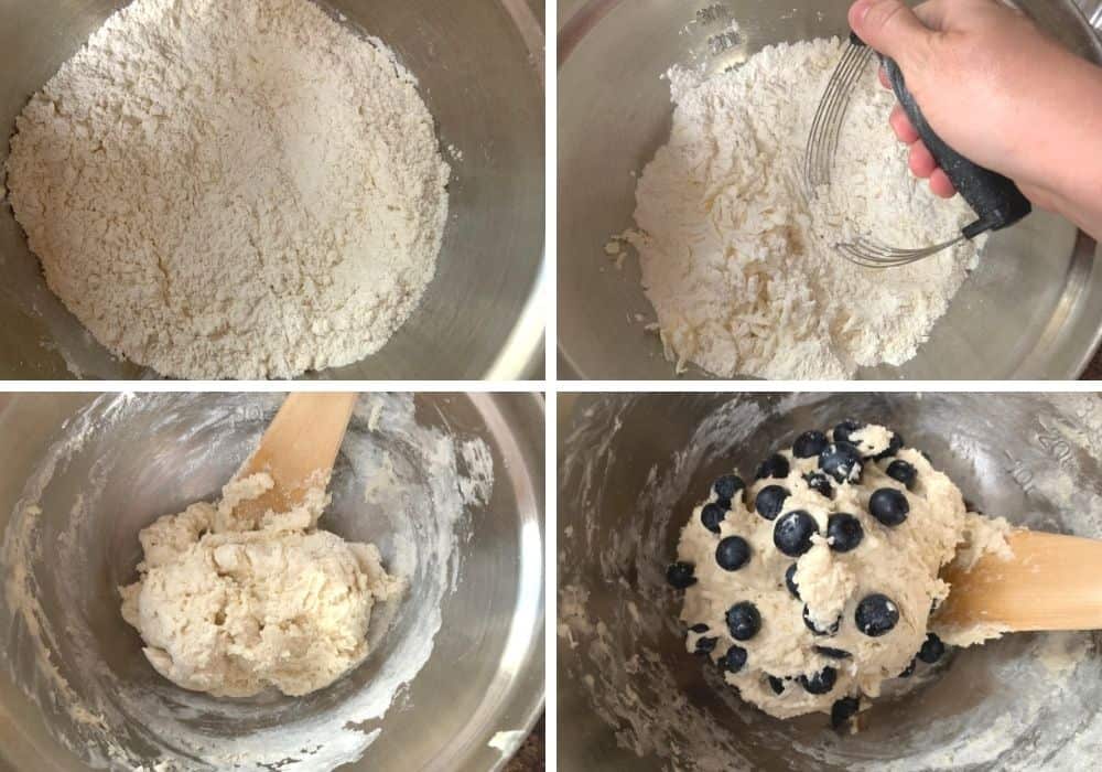 collage image showing four steps of making the dough for blueberry biscuits, including combining dry ingredients, cutting in butter, stirring in milk, and folding in fresh blueberries