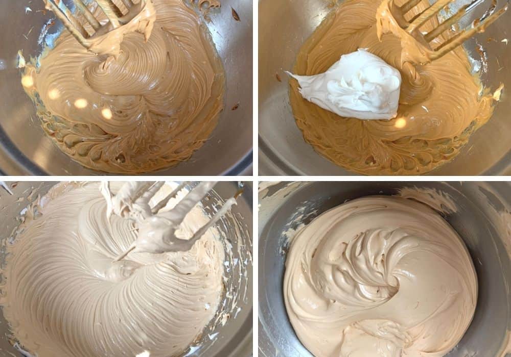 collage image featuring various steps of making the filling for a caramel cream pie, including adding cool whip to the filling
