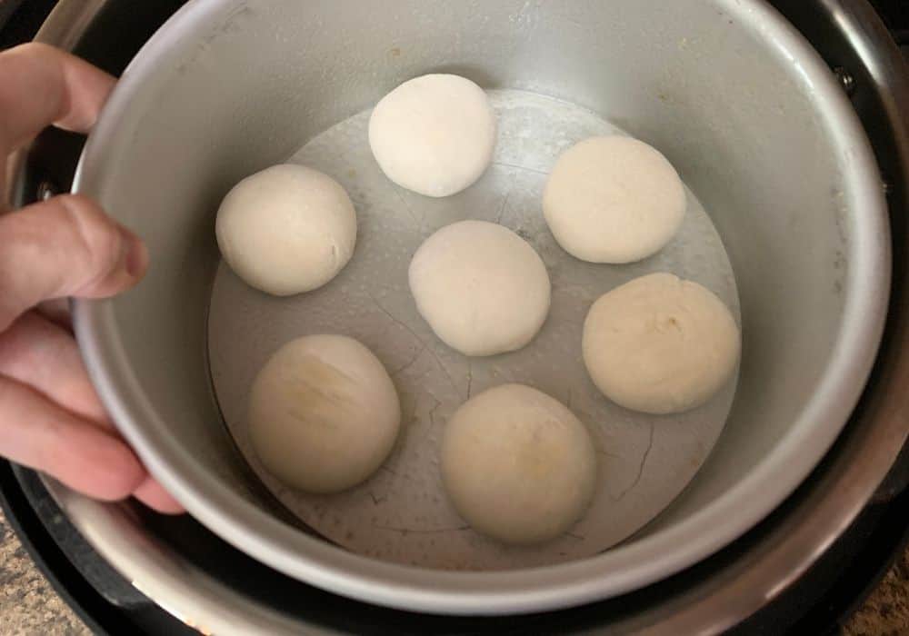 a pan of frozen dinner rolls being lowered into the Instant Pot so they can rise.