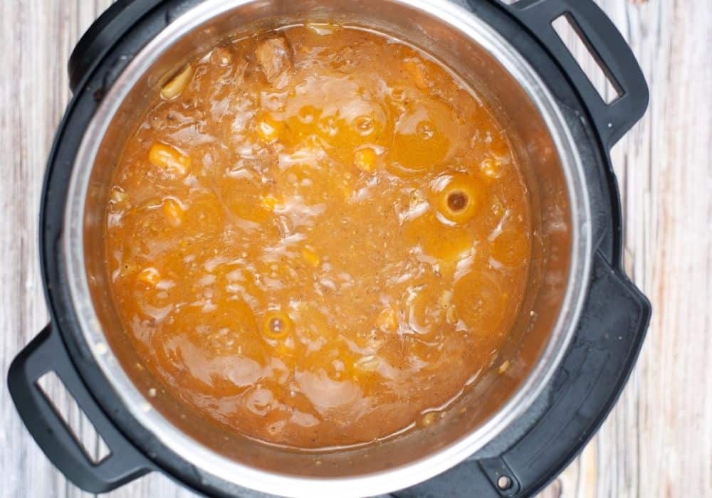 cornstarch slurry added to the beef stew in the Instant Pot, allowing the gravy to thicken.