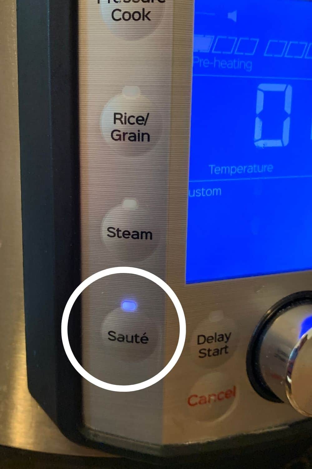the control panel of an Instant Pot, with the Saute button circled