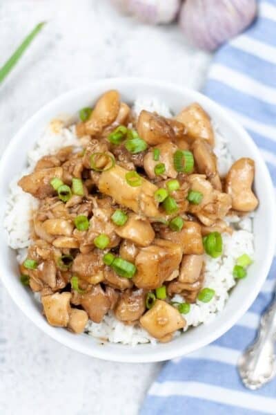 overhead view of Instant Pot bourbon chicken served over a bed of white rice