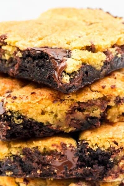 stack of marbled brownie cookie bars