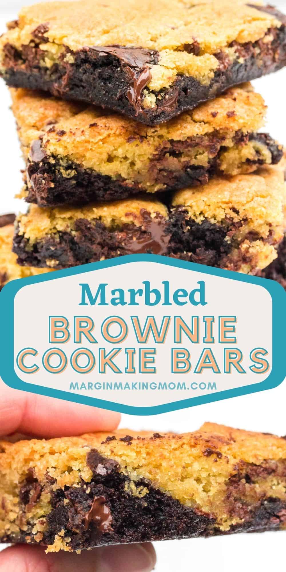 collage image featuring two photos of marbled brownie cookie bars--one is a stack of bars and the other of fingers holding a bar