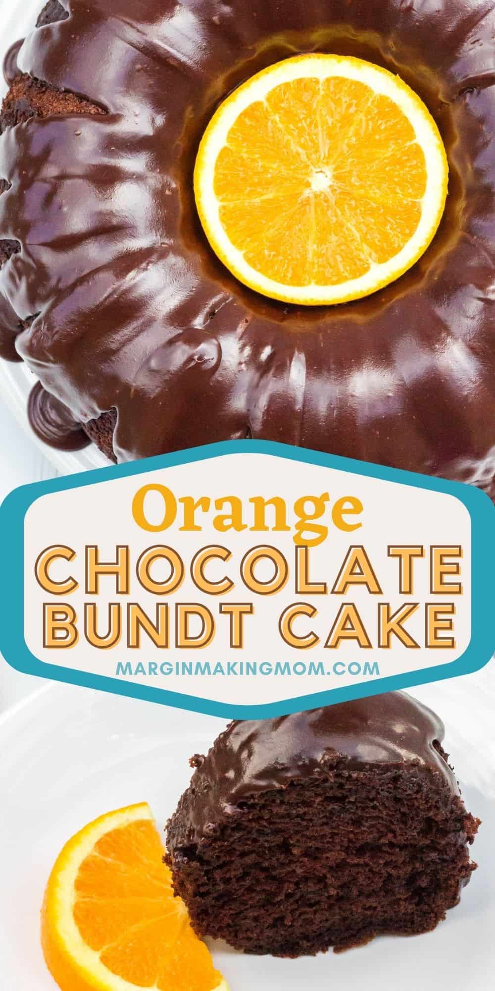 collage image featuring two photos of a chocolate orange cake