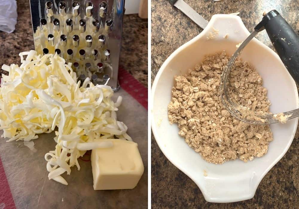 Collage image featuring two photos--one shows grated butter and the other shows the crumble mixture combined in a white pyrex mixing bowl