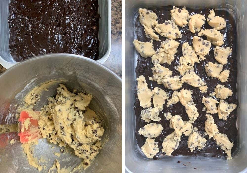 collage image showing the process of scooping chocolate chip cookie dough onto the brownie batter