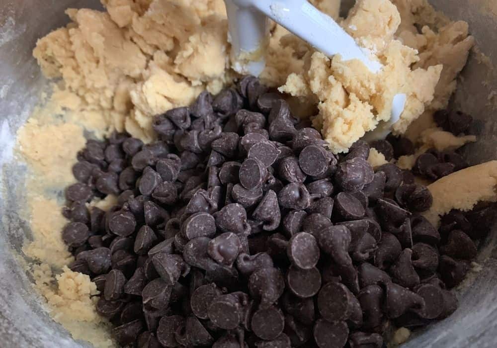 chocolate chips added to the cookie dough in the mixing bowl