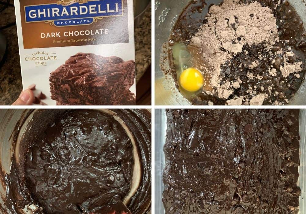 collage image showing the steps for preparing a box of brownie mix