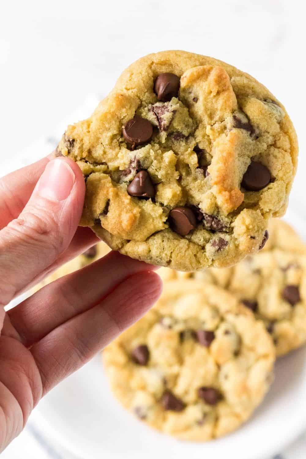 a woman's hand holds a chocolate chip cookie made without brown sugar