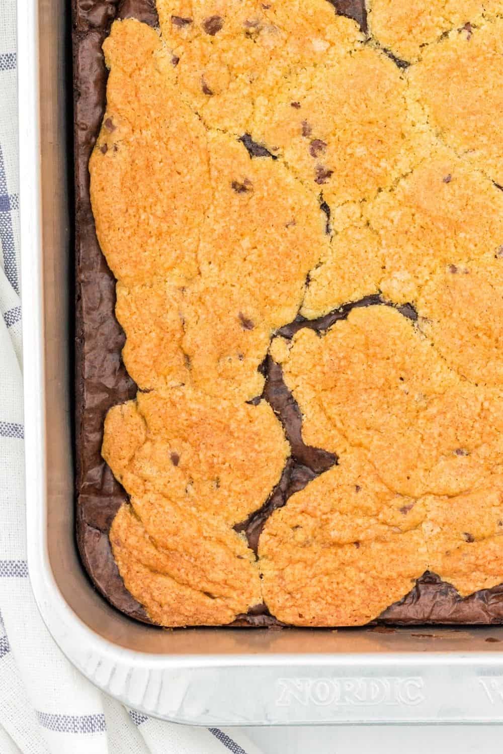 overhead view of a pan of brownie cookie bars