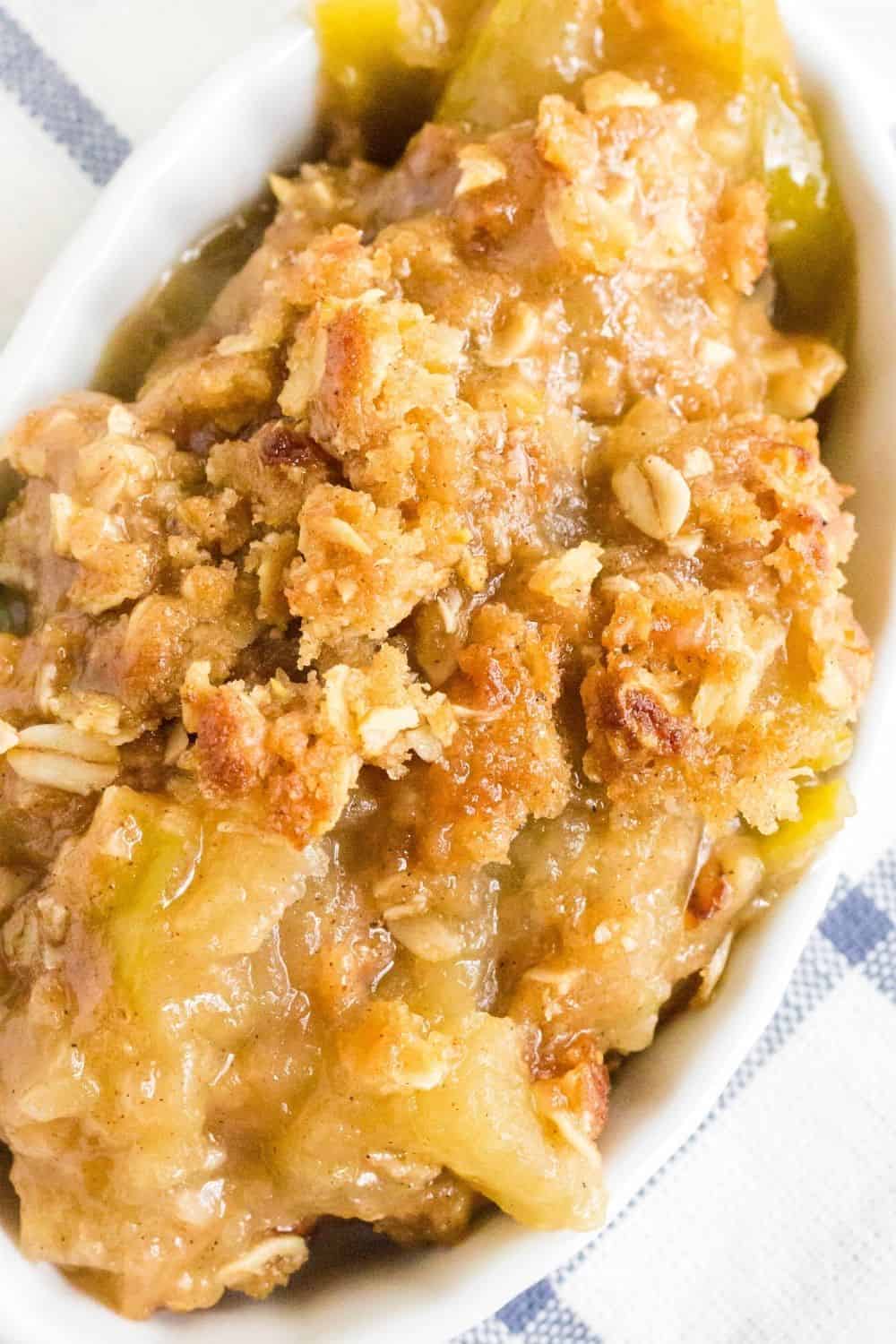 close-up overhead view of a serving of Instant Pot apple crisp, featuring the tender cinnamon apples topped with a crispy oat and brown sugar crumble