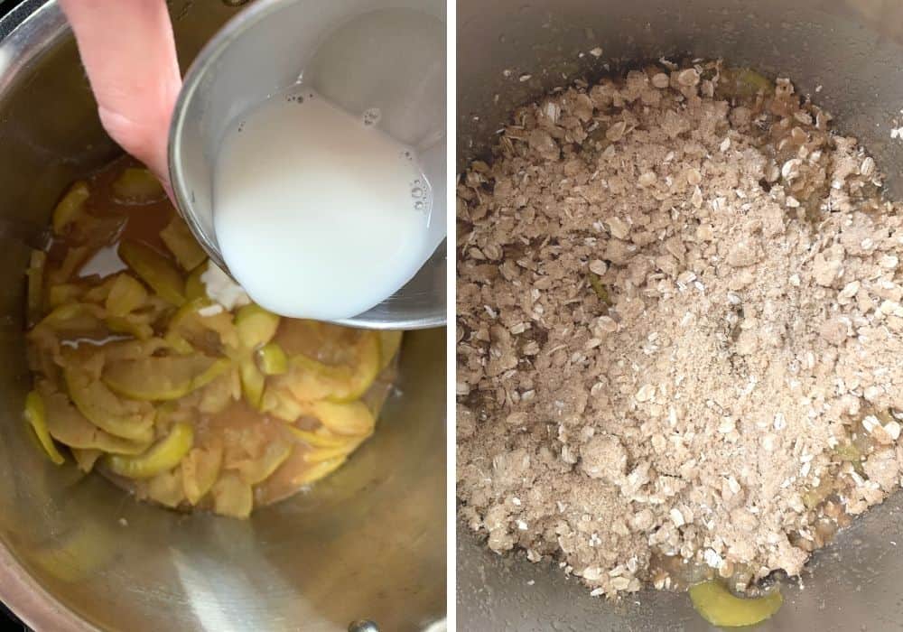 collage image featuring two photos--one shows a cornstarch slurry being added to the apple filling mixture, and the other shows the crisp topping being added to the filling