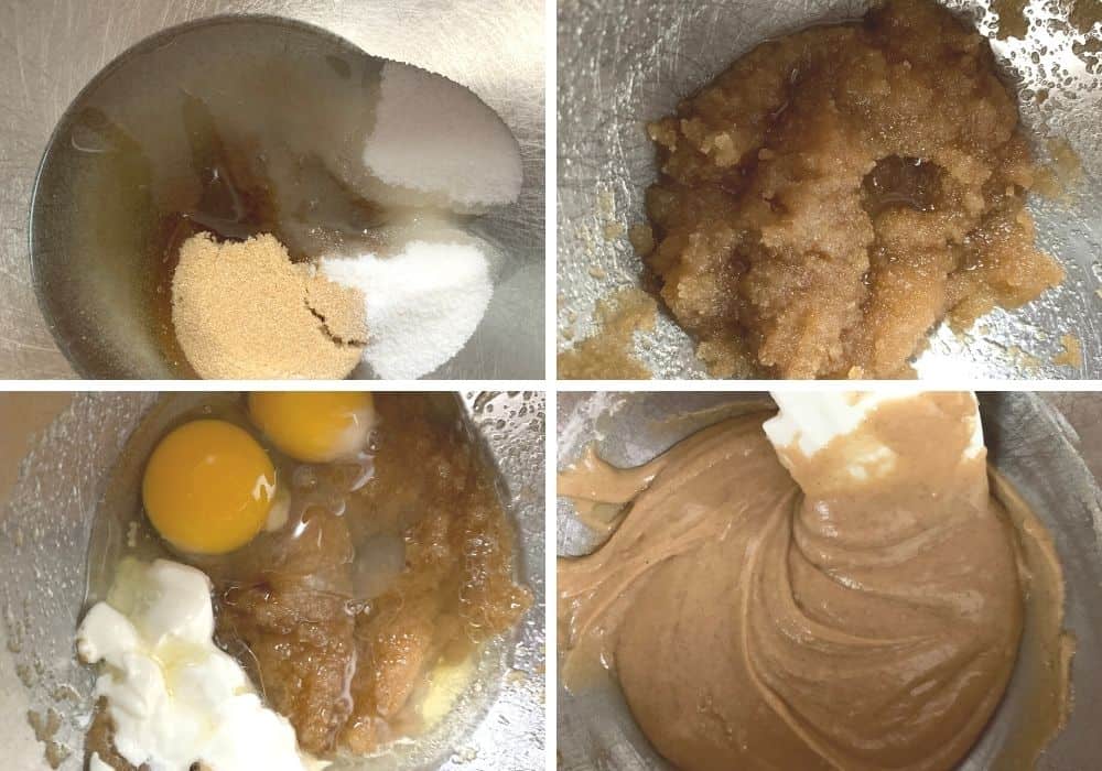 collage image featuring four photos that show the process of mixing the batter for instant pot apple cake