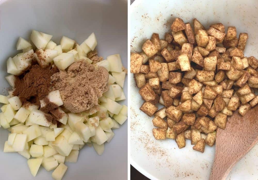 collage image showing diced apples mixed with cinnamon, nutmeg, and brown sugar