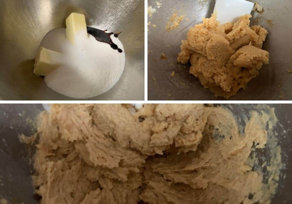 collage image showing the steps involved with combining wet ingredients for chocolate chip cookies