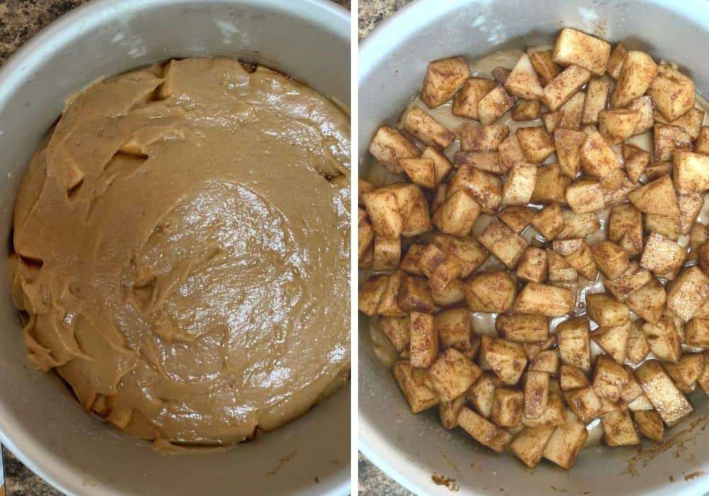 collage image showing the cake batter layered with cinnamon spiced apples