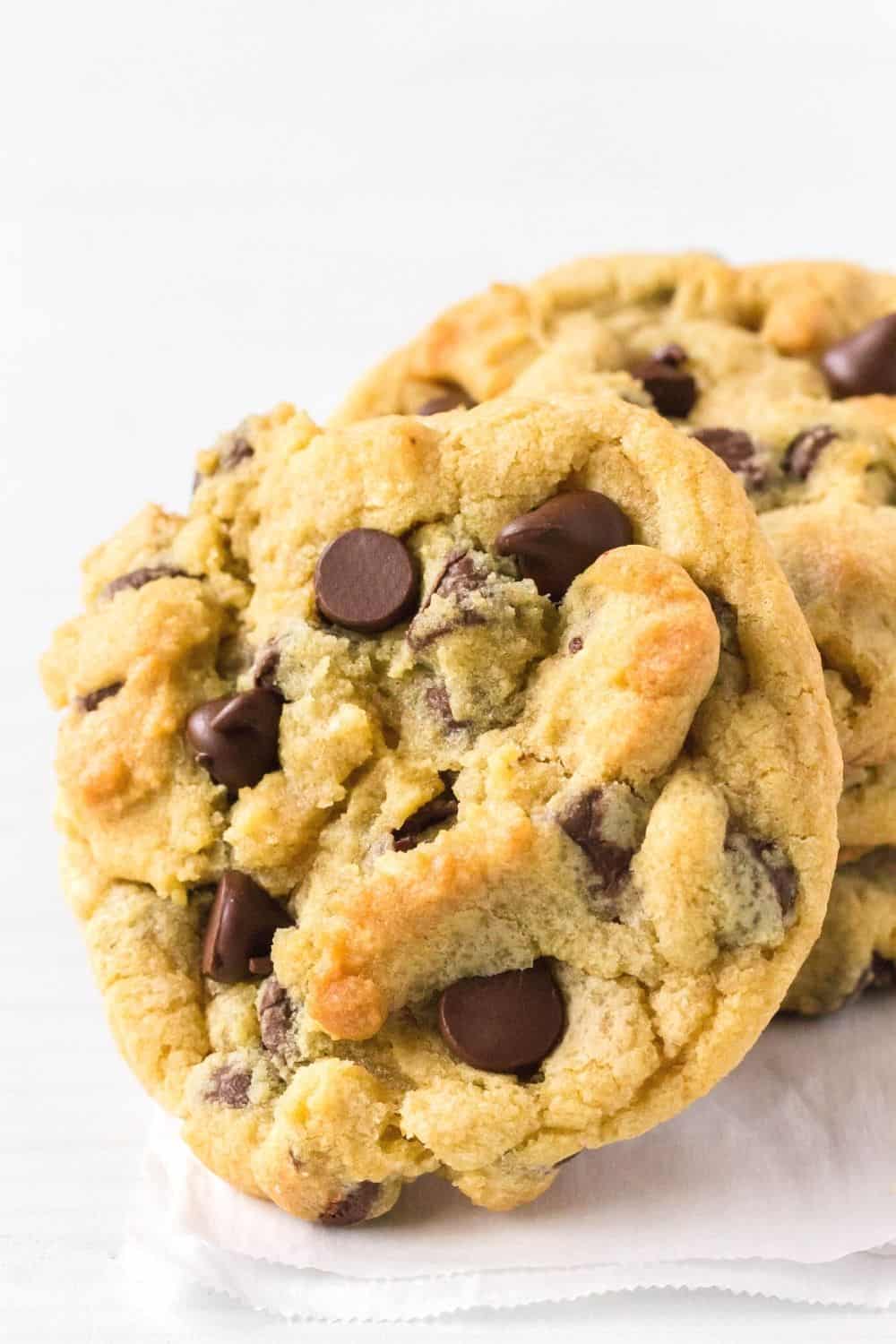 close-up of a golden-brown chocolate chip cookie